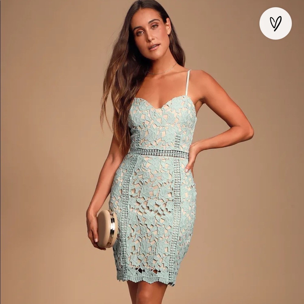Lulu’s Giovanni Sage Green Lace Sleeveless Sheath Dress